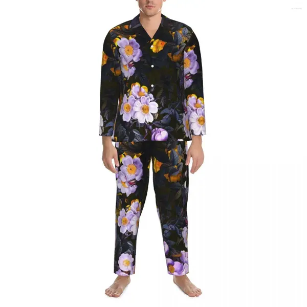 Herren-Nachtwäsche, lila Blumen-Pyjama, für Männer, Mitternachtswald, trendige Nacht, Herbst, 2-teiliges, lässiges, lockeres, übergroßes Design-Pyjama-Set