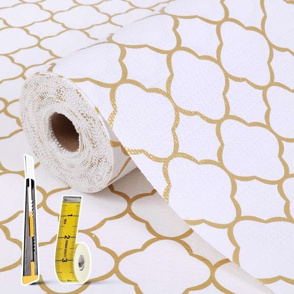 Forros Armários de cozinha Gaveta não adesiva 17in X 30FT Gold Quatrefoil Papel de forro de prateleira espessado Forte antiderrapante Fácil de limpar para caixa de ferramentas Geladeira com