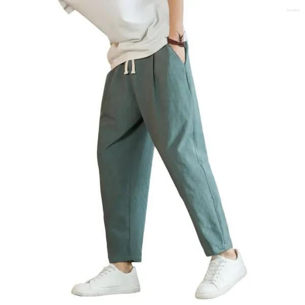 Calças masculinas verão calças de algodão linho moda fina macia casual respirável solto shorts em linha reta streetwear