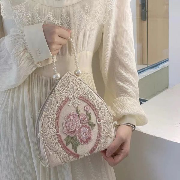 Chinesischen Stil Frauen Handtasche 2024 Luxus Perle Kette Umhängetasche Damen Elegante Gestickte Blumen Spitze Umhängetasche Kleine Geldbörse