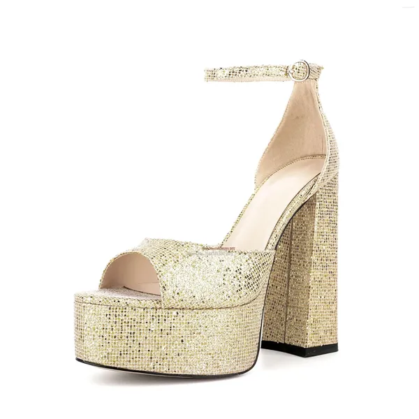 Scarpe eleganti Sandali con tacco alto con plateau spesso in cristallo di vetro Glitter Scarpe da donna con cinturino alla caviglia Festa estiva con tacco grosso