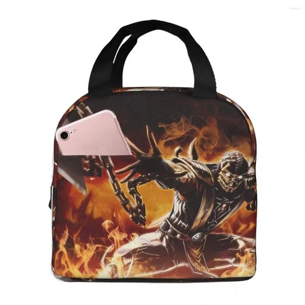 Borsa per il pranzo isolata Scorpion Fire con cappelli a sfera Gioco Mortal Kombat Borsa termica portatile per bambini da donna