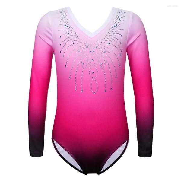 Stage Wear Balletto Body a maniche lunghe Danza Sfumatura di colore rosso Ginnastica per 3-14 anni Body per ragazze