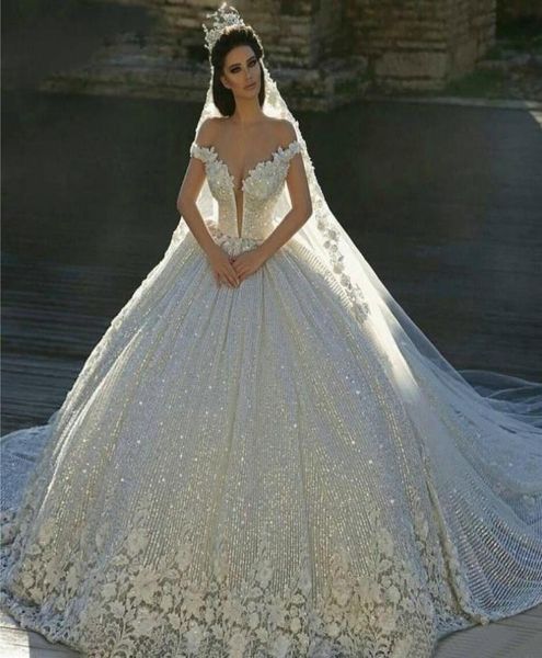 Sparkly fora do ombro vestido de baile vestidos de casamento flores artesanais rendas appliqued luxo vestidos de noiva dubai vestidos de novia9997959