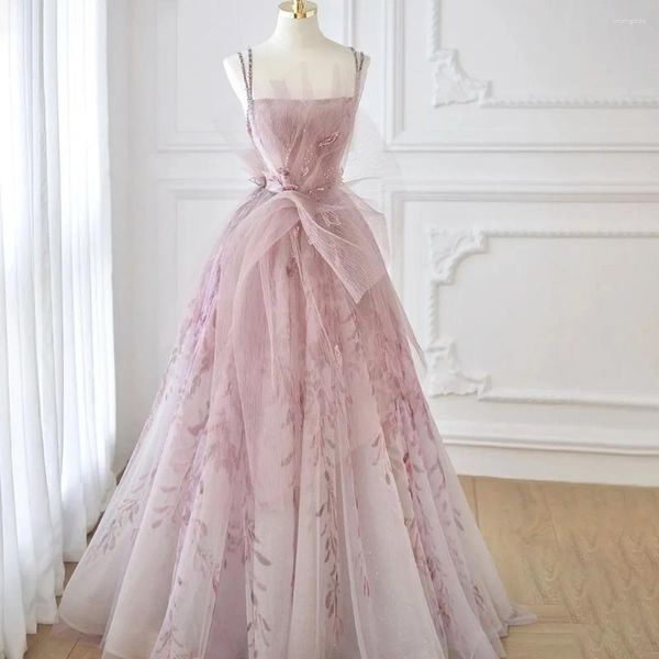 Abiti da passerella Abito da sera lungo in tulle floreale rosa di lusso 2024 Senza spalline Senza spalline Prom formale per le donne Festa di compleanno di nozze