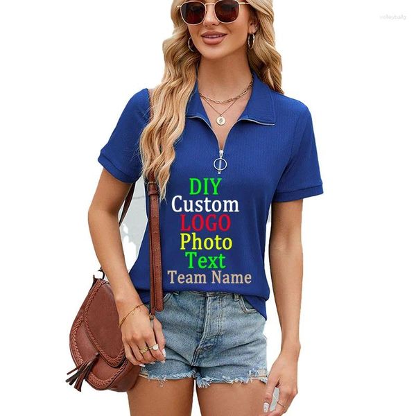 Camisetas femininas 2024 Europa os Estados Unidos Verão cor sólida lapela zíper solto camiseta casual tops mulheres logotipo personalizado