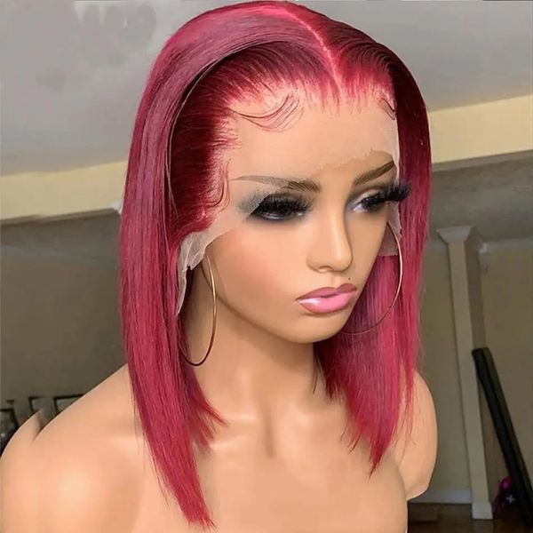 Borgonha hd transparente curto bob perucas de cabelo humano peruano 99j vermelho reto 13x6x1 peruca dianteira do laço para as mulheres pré arrancadas sem cola