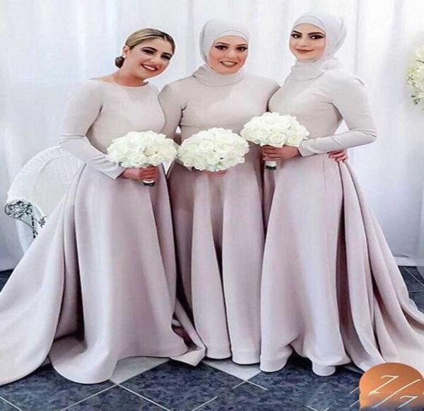 Especial árabe muçulmano vestidos de dama de honra colher mangas compridas aline cetim hajib vestidos de noite barato formal festa Gowns1090022
