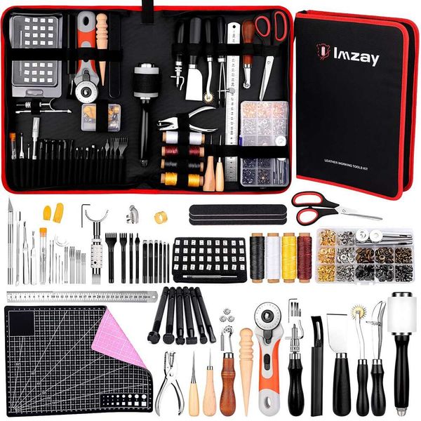 Kit de trabalho de ferramentas IMZAY 415pcs, iniciante compacto e suprimentos com ferramentas de artesanato de corte de escultura Ing para bainha de couro carteira cinto costura de assento de bota