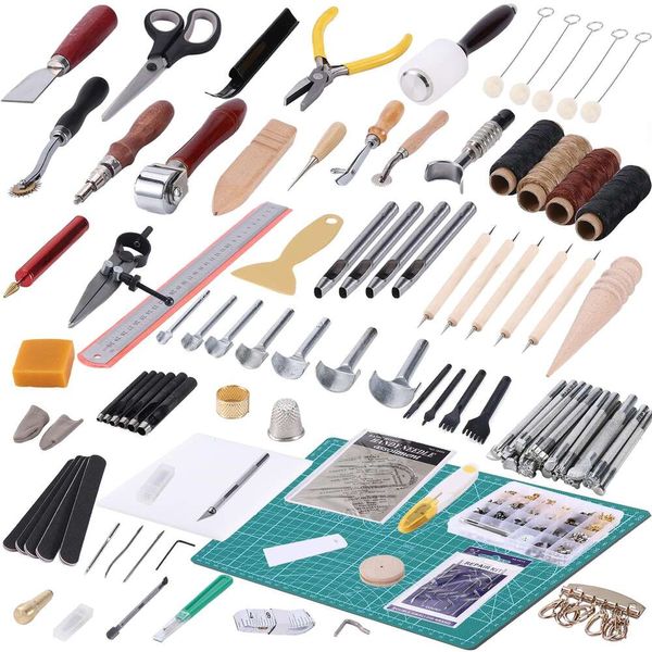 JUNMU Kit Professionelles Handwerkzeug-Set, 372-teiliges Handwerks-Stempelwerkzeug, Zackenstanzer, Lochhohlstanzer, Mattierungsschnitt für DIY-Kunstwerke aus Leder