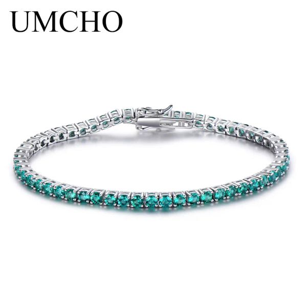 Bracelets UMCHO Luxo Emerald Feminino Pulseira Feminina 925 Pulseiras de Tênis de Prata Esterlina Jóias Verdes de pedras verdes