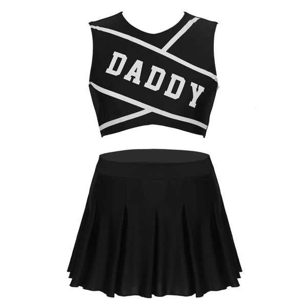 Erwachsene Schulmädchen-Rollenspiel-Uniform für Damen, Cheerleader, DADDY-Liebhaber für Halloween, Cosplay-Kostüm, bauchfreies Top mit Mini-Faltenrock 240305