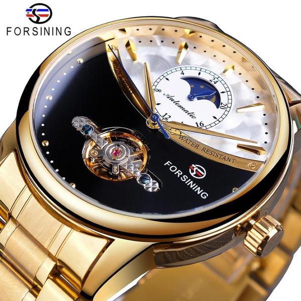 Мужские часы Forsining, автоматические золотые часы с фазой Солнца и Луны, стальной ремешок, турбийон, черно-белый циферблат, деловые механические часы Reloj Hombre263S