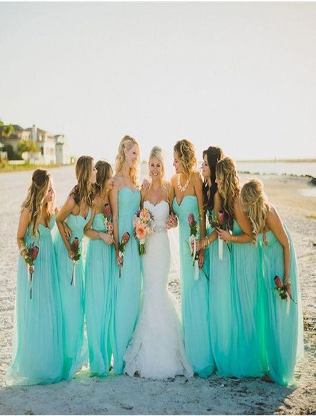 Turquesa longo vestidos de dama de honra 2019 nova moda querida ruched corpete até o chão vestido de noiva para festa de casamento na praia 6616708