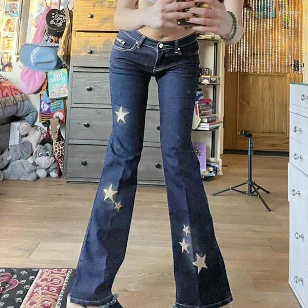 Женские джинсы в стиле ретро Star Y2K, винтажные брюки-карго с низкой талией, укороченные расклешенные женские джинсы из денима скинни, милые брюки 2000-х годов, уличная одежда