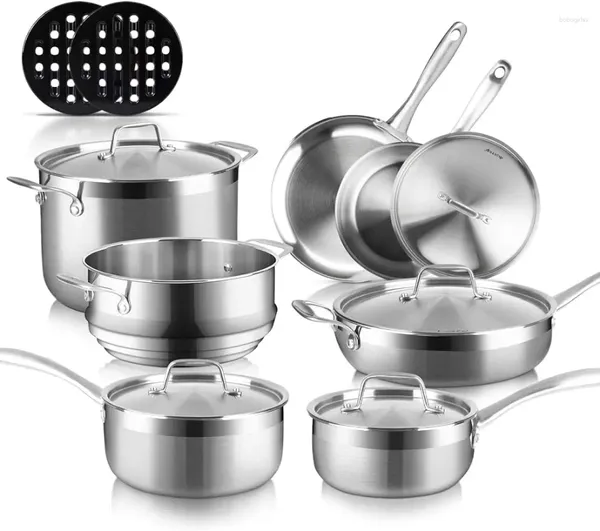 Conjuntos de panelas Duxtop Whole-Clad Tri-Ply Conjunto de indução de aço inoxidável 14PC Panelas de cozinha e panelas Panela de cozinha