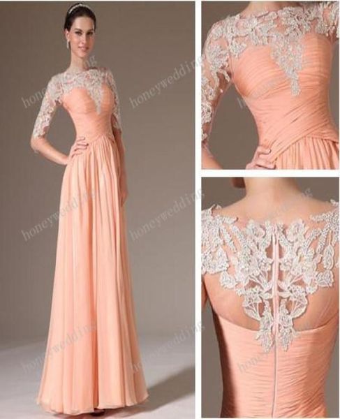 Neue Ankunft Brautjungfernkleider Chiffon Spitze Pfirsich Mantelfarbe Halbarm Abendkleider Sheer Bateau Neck Long Honor Of Maid Dres4739185