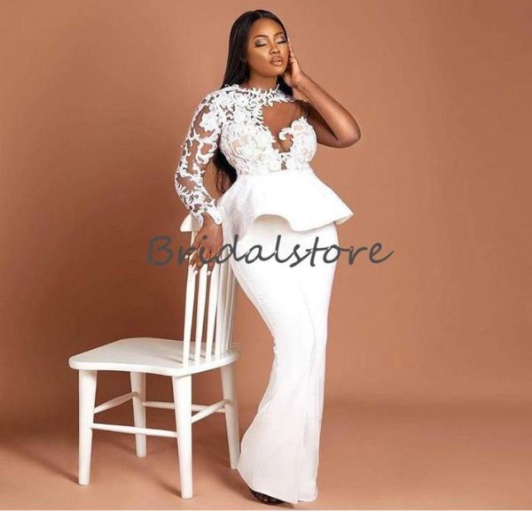 Impressionante plus size branco vestidos de baile ilusão renda manga longa africano vestidos de baile macacão cetim vestido de noite 2021 moda nova p4507760