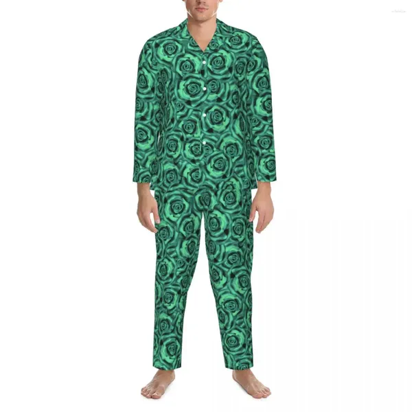 Herren-Nachtwäsche, Rosen-Blumen-Pyjama-Set, grüne Blumen, schöne Dame, langärmelig, lässig, Schlafanzug, 2-teilig, Nachtwäsche, große Größe XL 2XL