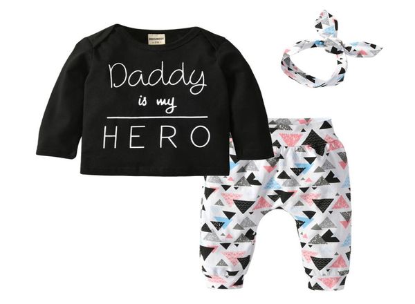Yeni doğan kız bebek kıyafetleri baba benim kahraman benim 3pcs kıyafetler set uzun kollu tshirtpantsheadband bebek yürümeye başlayan giyim takım elbise y200801437733
