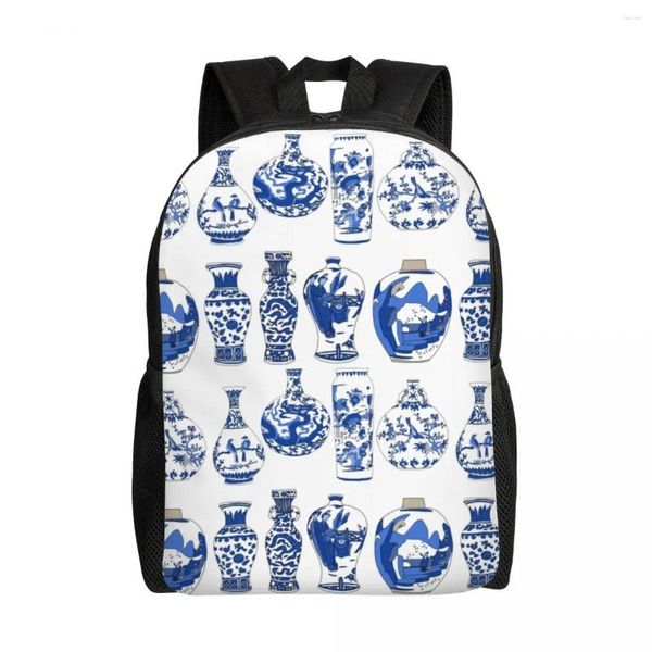 Rucksack, blau, orientalische Vasen, Reisen, Damen, Herren, Schule, Computer, Büchertasche, Chinoiserie-Porzellan, College-Studenten-Tagesrucksack