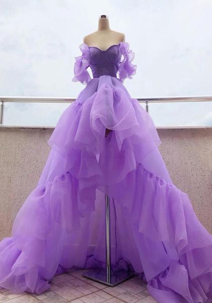 2021 Juniors High Low Sweep Train Abiti da ballo Arabo Lavanda Ruffles al largo della spalla Organza Abito da sera Abito da festa per donna8503625