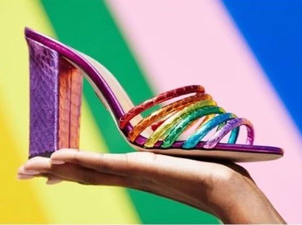 Pantofole Rainbow Strappy Slifor tacchi a blocchi colorati con punta di punta slittana cavo slingback estate donne sexy sexy sexy scarpe multicolori