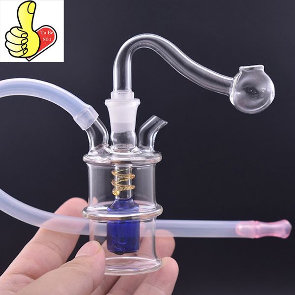 Commercio all'ingrosso colorato economico mini HOOKAH 10mm femmina a spirale stile doppio tubo per bong con bruciatore ad acqua e olio con ciotola in vetro dab rig e due tubi di paglia in silicone per fumare