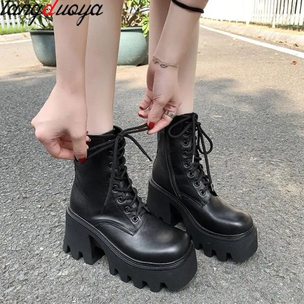 Stivali Autumn Platform Boots Womens Ladies Piattaforma a cuneo piattaforma nera Black Leathe Leath Cadle Boots Punk Lady Botas Mujer 2023