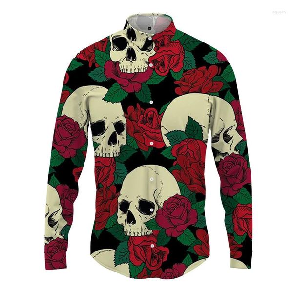 Herren-Freizeithemden, Totenkopf-Blume, 3D-gedrucktes Hemd, Gothic-Stil, Modetrend, Langarm, Frühling und Herbst