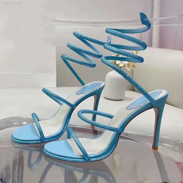 2024 Rene Caovilla Stiletto Heel Designer Sandálias Strass Embelezado Snake Strass Sapatos de Noite Mulheres Salto Alto Luxo Tornozelo Wraparound Vestido Sapatos Jantar