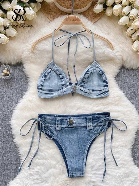 Mulheres de banho Singrainy mulheres denim lingerie sexy conjunto com suspender sutiã curto + rendas até tanga moda sexy bikini sexo lingerie conjunto J240319