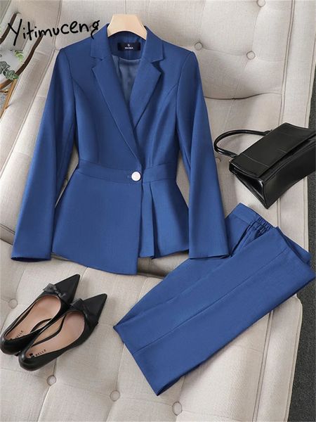 Yitimuceng Office Ladies formelle Hosen Anzüge Frauen koreanische Mode Single Breasted Blazer High Tailled 2 Stück Set 240319