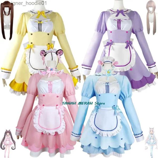 cosplay Costumi Anime Nekopara Chocola Vanilla parrucca di ruolo cameriera vestito Lolita serva Gonna sexy Kaii festa di compleanno setC24320