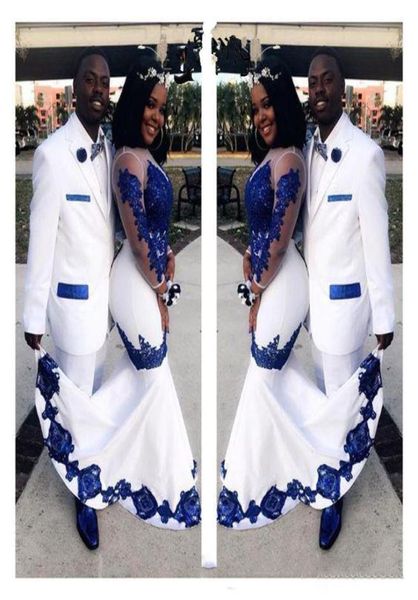 New White Satin Royal Blue Lace Aso Ebi Abiti da ballo africani Maniche lunghe Illusion Appliqued Sirena Abiti da sera formali7499114