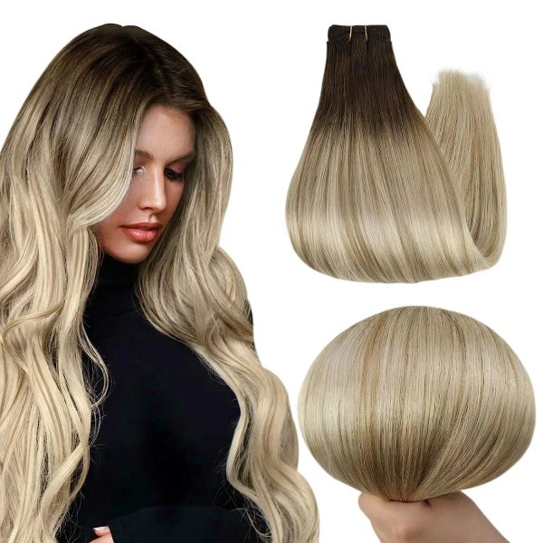 Trama brilho completo pacotes de cabelo 100% extensões de trama de cabelo humano ombre loira color100g costurar em seda reta remy pele dupla trama