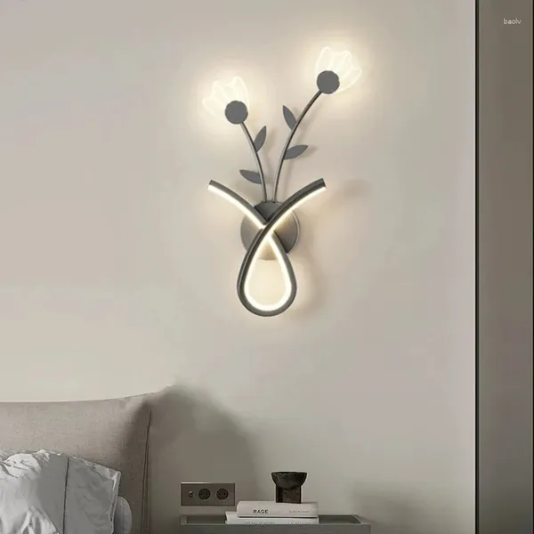 Wandleuchte AiPaiTe Skandinavisches Schlafzimmer Nachttischlampen Raumdekor Schwarz/Weiß/Gold Blumen-LED-Wandlampen.