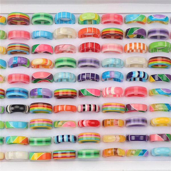 50 pçs/lote moda colorida resina acrílico anéis jóias para mulheres meninas estilo mix presentes de festa atacado 240312