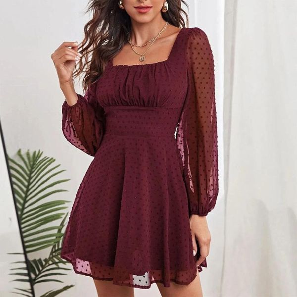 Casual Kleider Hübsche Herbst Elegante Midi Frauen Stickerei Rüschen Tiered Swing Kleid Langarm U Neck Mesh Streetwear Frau Kleidung