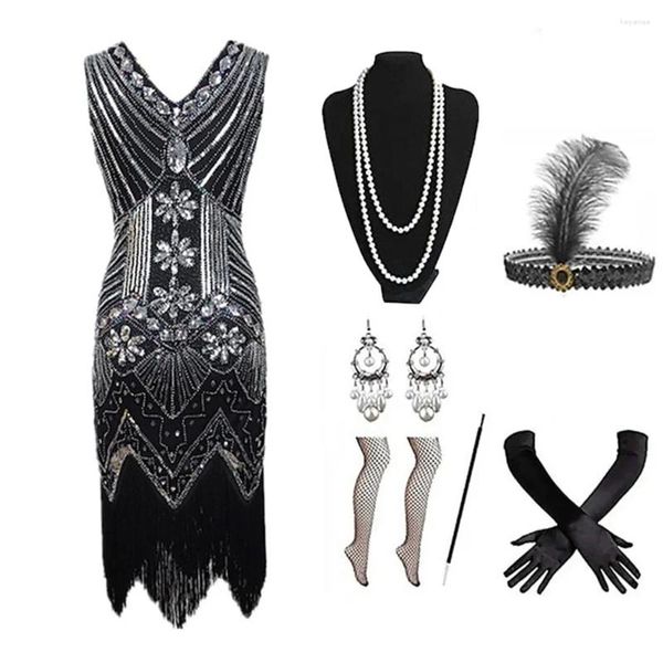 Vestidos Casuais Retro Vintage Roaring 20s 1920s Flapper Dress Costume Outfits O Grande Gatsby Lantejoulas Femininas Borla Fringe