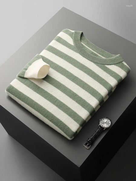 Suéter masculino addonee o-pescoço listrado pulôver suéter merino lã malhas inteligente casual jumper primavera outono roupas coreanas