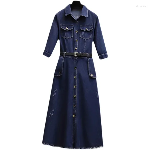 Abiti da festa Donna Taglie forti S-4XL 2024 Denim Abito blu scuro Mezza manica Colletto rovesciato Nappa Capispalla primavera Abiti da strada