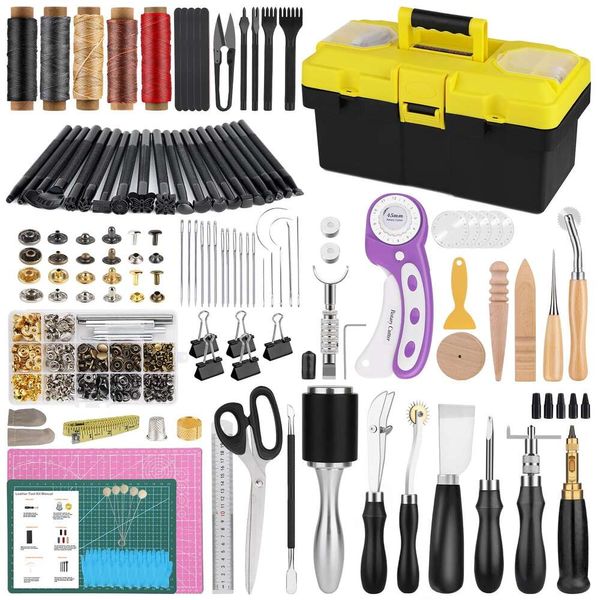 Kit de ferramentas de artesanato com instruções, caixa de ferramentas de qualidade, cortador rotativo, linha encerada, ferramentas de estampagem artesanal e outros materiais de trabalho em couro