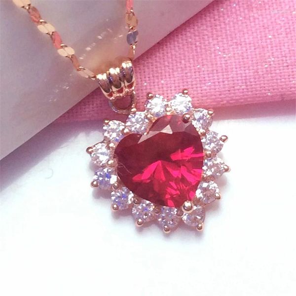 Correntes em 585 roxo ouro vermelho gem pingente banhado 14k rosa em forma de coração colares doce brilhante clavícula corrente jóias de casamento