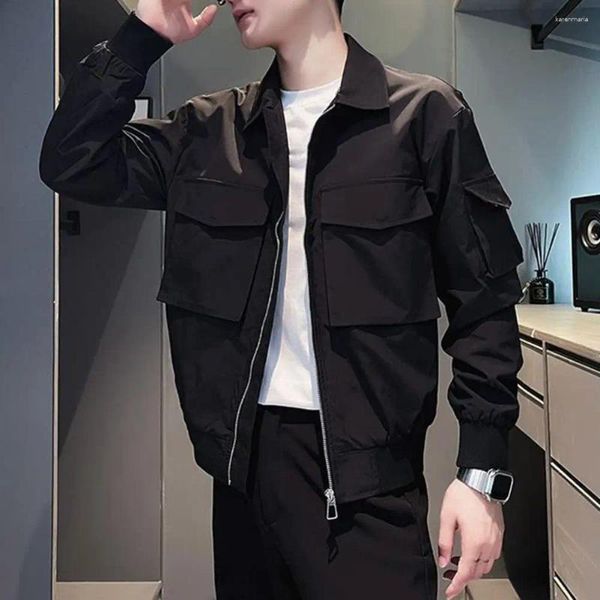 Jaquetas masculinas homens jaqueta solta zíper fechamento manga longa botão lapela vários bolsos casuais hip hop streetwear casaco roupas