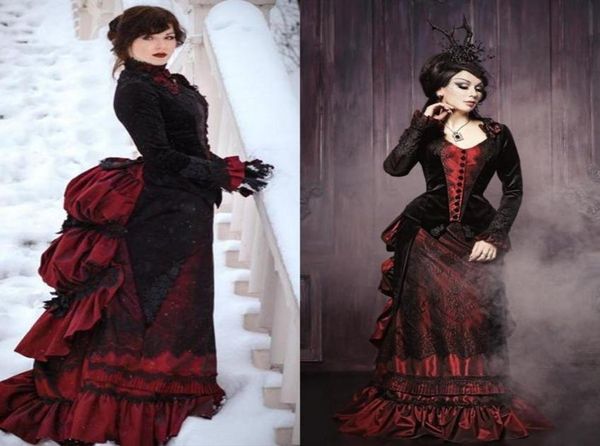 Vintage gótico preto e vermelho escuro vestidos de noite formais mangas compridas babados espartilho ruched vestidos de baile medieval vitoriano masquera7748374