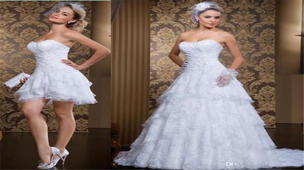Короткое свадебное платье со съемной юбкой в двух стилях и рюшами. Винтажные свадебные платья из двух частей. Кружевное свадебное платье без бретелек1844683