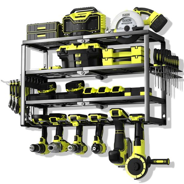 MOOMSINE Suporte de parede para organizador de ferramentas elétricas de 4 camadas, suporte para ferramentas de bateria com prateleira de estação de carregamento, suporte para furadeira sem fio para organização de garagem,