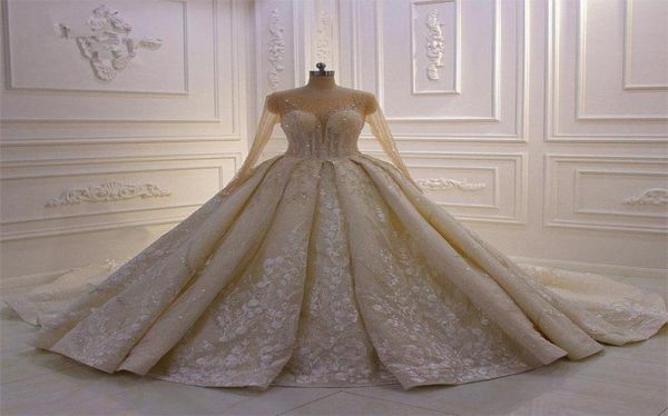 Luxus Ballkleid Brautkleider Langarm Jewel Neck Perlen Applikationen Spitze Arabisch Hochzeit Brautkleider Kristall Vestidos De Novia7742450