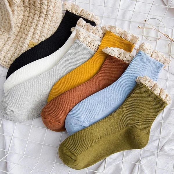 Frauen Socken Vintage Spitze Rüschen Süße Reine Farbe Baumwolle Dame Lolita Kunst Rüschen Rand Frühling Sommer Herbst Mädchen